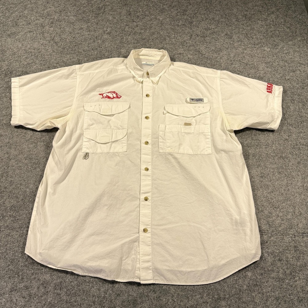 Arkansas‎ Razorbacks Shirt Mens Large White NCAA Football Columbia PFG Fishing